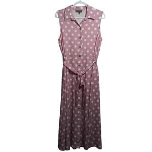 Carre Noir Mauve Polka Dot Sleeveless Belted Button Front Casual Dress Size L